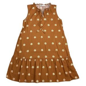 Sonoma Sleeveless Ruffle Dress Linen Blend Tiered Tan Floral Pockets Women’s S